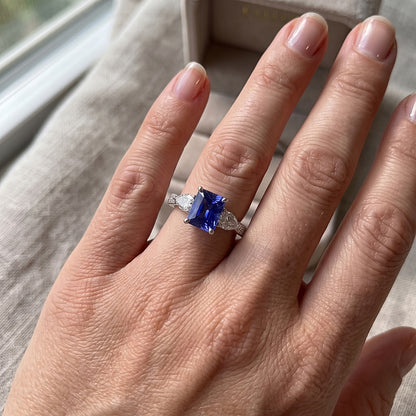 Blue Sapphire Gemstone Radiant Cut Ring Pear & Round Natural Earth Mined Diamonds 3 Carats