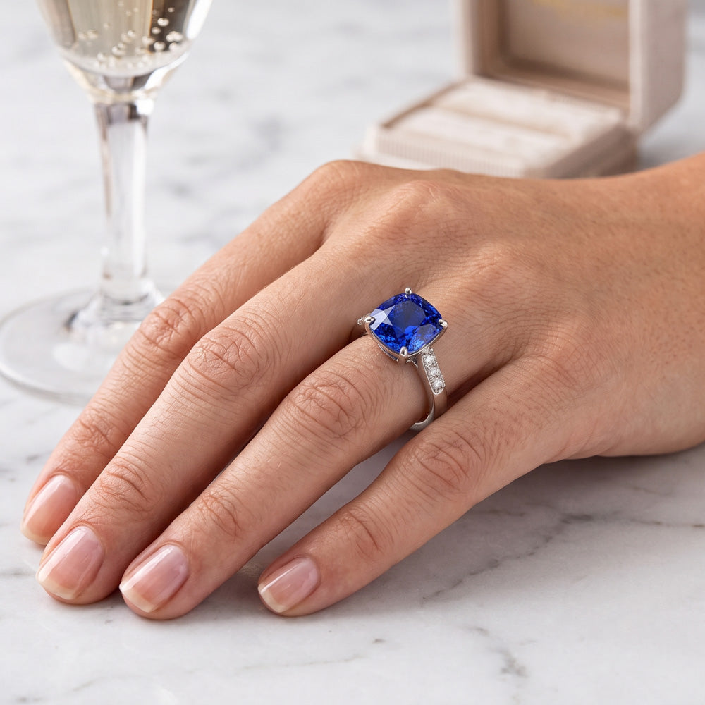 Blue Sapphire Gemstone Ring White Gold 14K Natural Earth Mined Diamonds 2.50 Carats