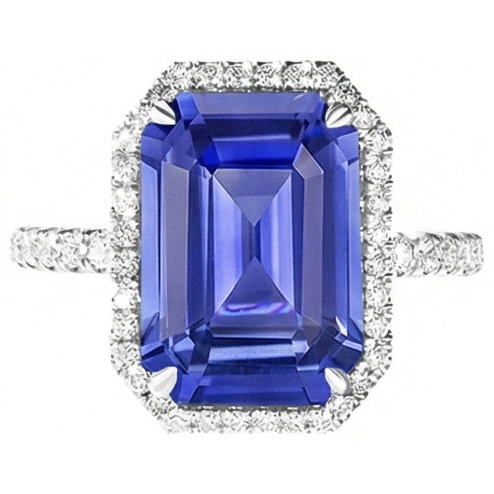 Blue Sapphire Halo Emerald Cut Ring 5.50 Carats Natural Earth Mined Diamonds Jewelry