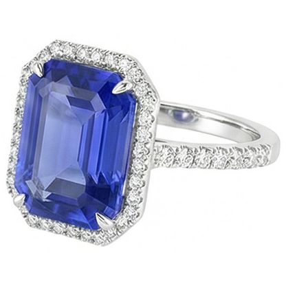 Blue Sapphire Halo Emerald Cut Ring 5.50 Carats Natural Earth Mined Diamonds Jewelry
