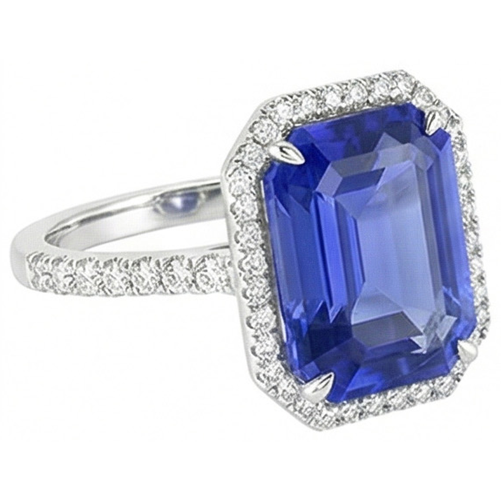 Blue Sapphire Halo Emerald Cut Ring 5.50 Carats Natural Earth Mined Diamonds Jewelry