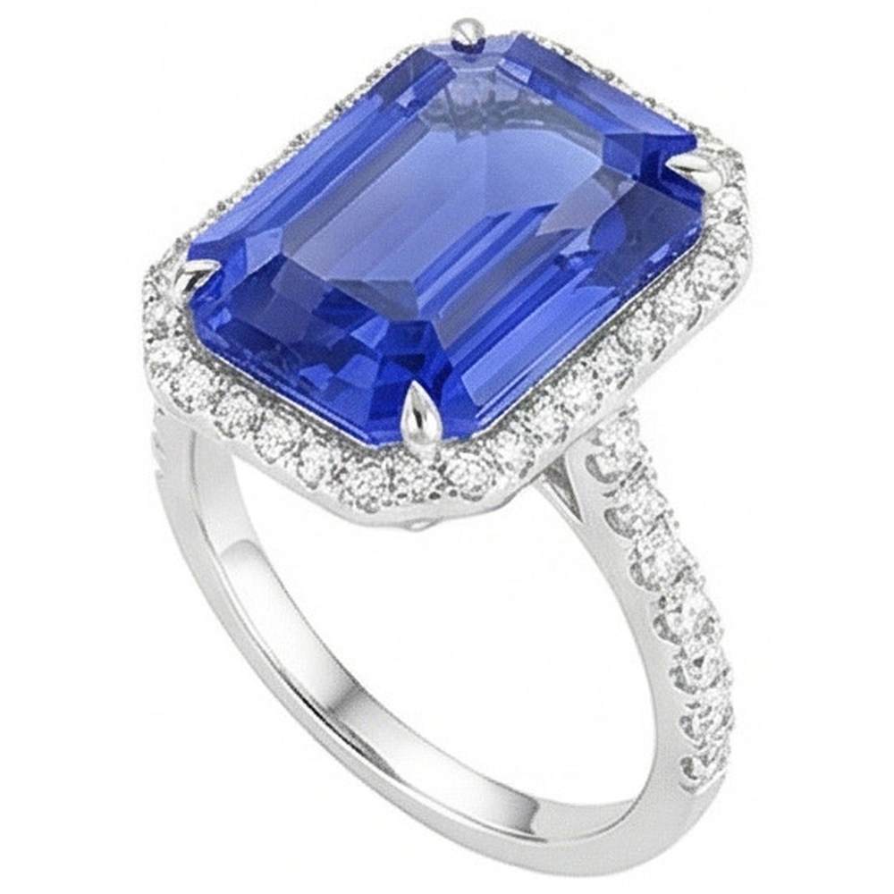 Blue Sapphire Halo Emerald Cut Ring 5.50 Carats Natural Earth Mined Diamonds Jewelry