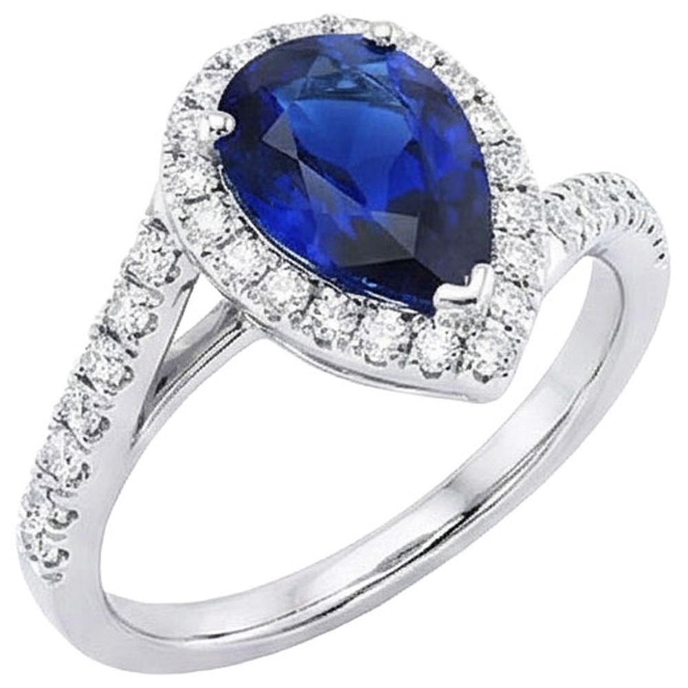 Blue Sapphire Halo Engagement Ring Pear & Natural Earth Mined Diamonds 4.50 Carats