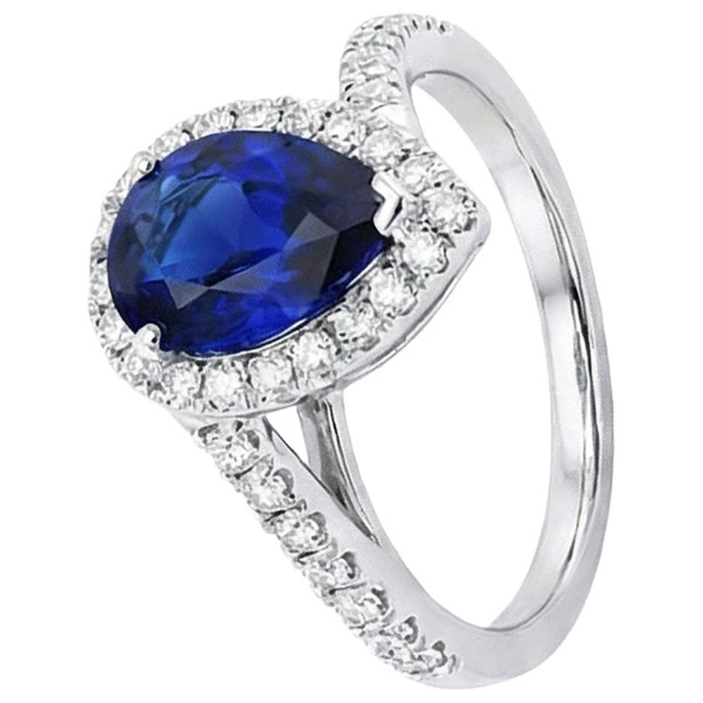 Blue Sapphire Halo Engagement Ring Pear & Natural Earth Mined Diamonds 4.50 Carats