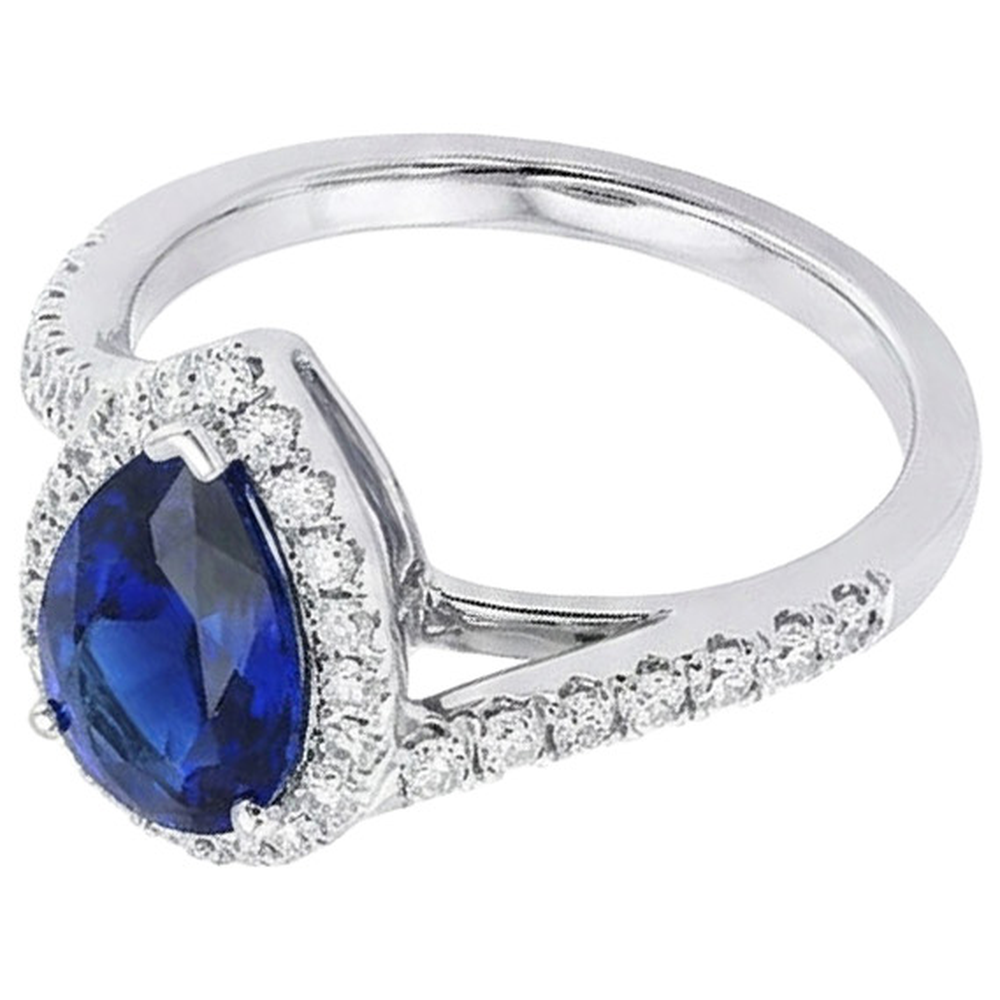 Blue Sapphire Halo Engagement Ring Pear & Natural Earth Mined Diamonds 4.50 Carats