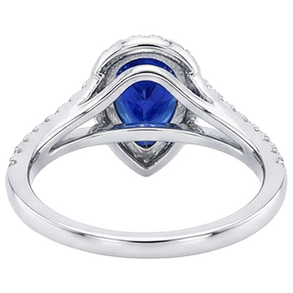 Blue Sapphire Halo Engagement Ring Pear & Natural Earth Mined Diamonds 4.50 Carats