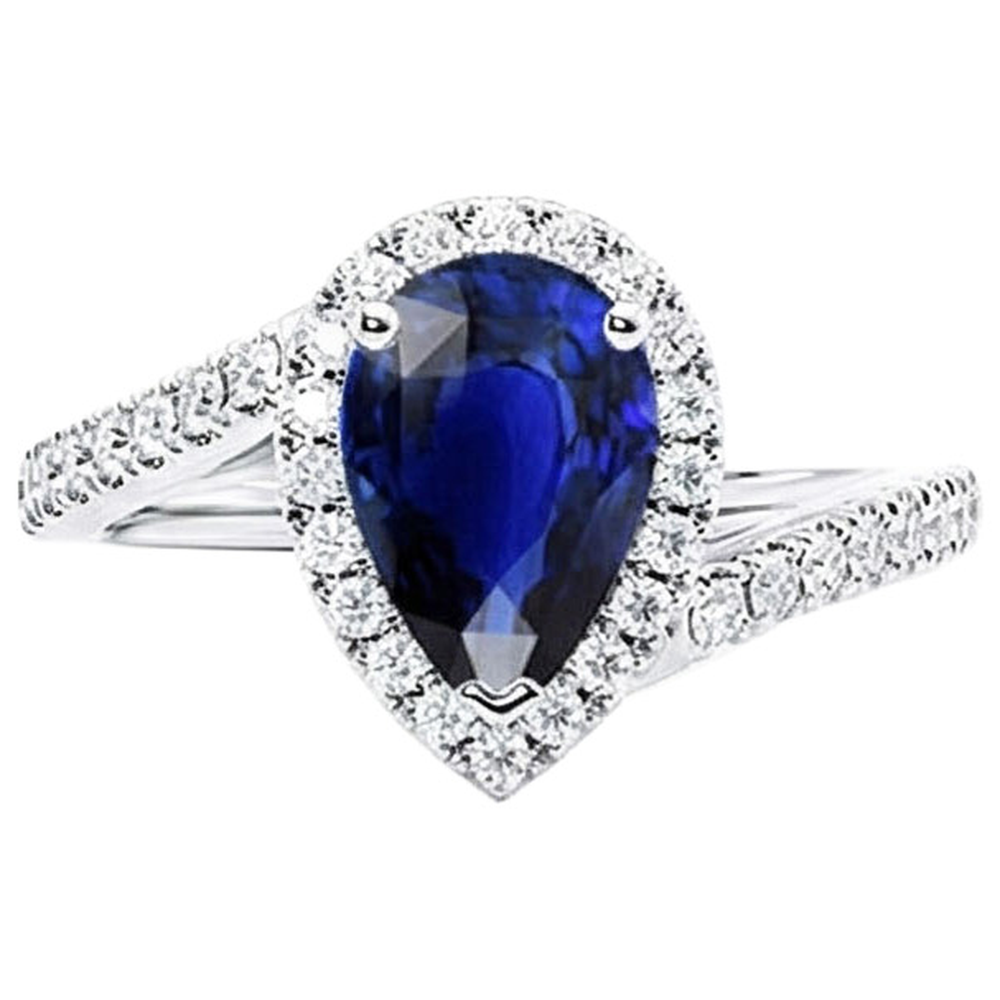 Blue Sapphire Halo Engagement Ring Pear & Natural Earth Mined Diamonds 4.50 Carats