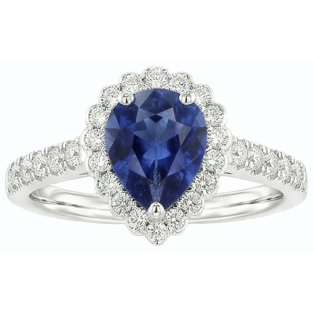 Blue Sapphire Halo Engagement Ring & Round Natural Earth Mined Diamonds 3.50 Carats