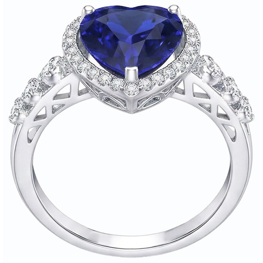 Blue Sapphire Halo Heart Cut Ring & Round Natural Earth Mined Diamonds 3.50 Carats