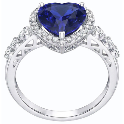 Blue Sapphire Halo Heart Cut Ring & Round Natural Earth Mined Diamonds 3.50 Carats