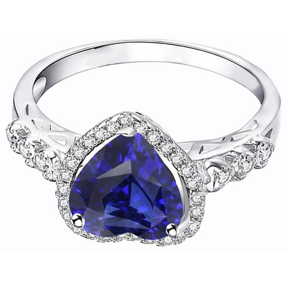 Blue Sapphire Halo Heart Cut Ring & Round Natural Earth Mined Diamonds 3.50 Carats