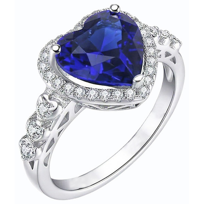 Blue Sapphire Halo Heart Cut Ring & Round Natural Earth Mined Diamonds 3.50 Carats