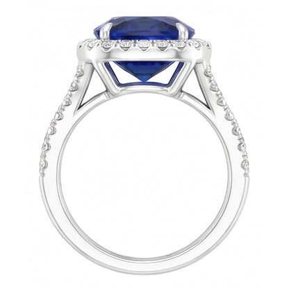 Blue Sapphire Halo Oval Natural Earth Mined Diamond Ring 5.50 Carats Pave Split Shank