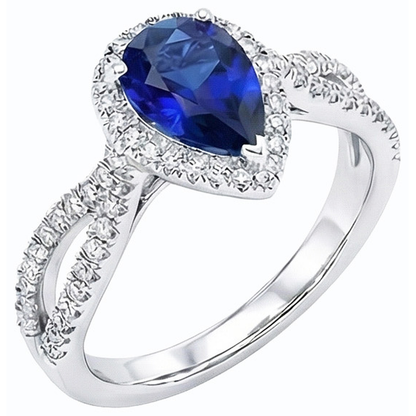 Blue Sapphire Halo Pear Engagement Ring Split Shank 4 Carats Natural Earth Mined Diamonds