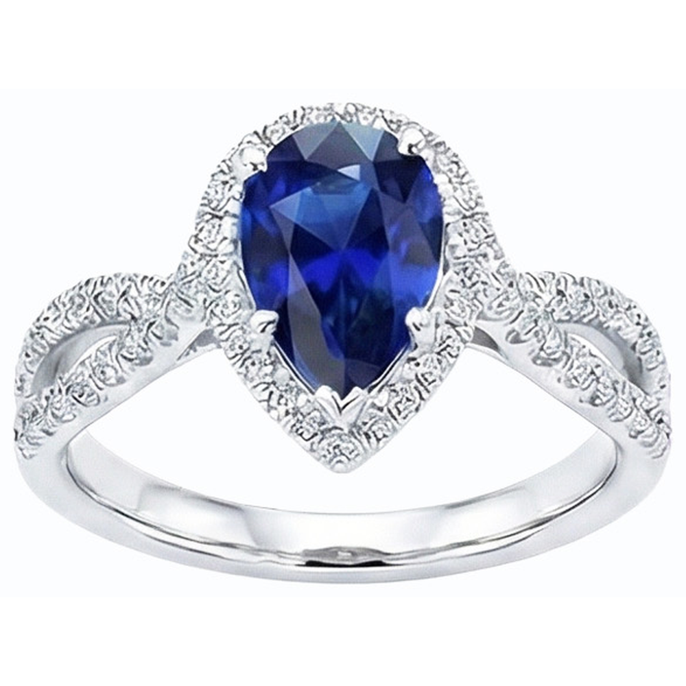 Blue Sapphire Halo Pear Engagement Ring Split Shank 4 Carats Natural Earth Mined Diamonds
