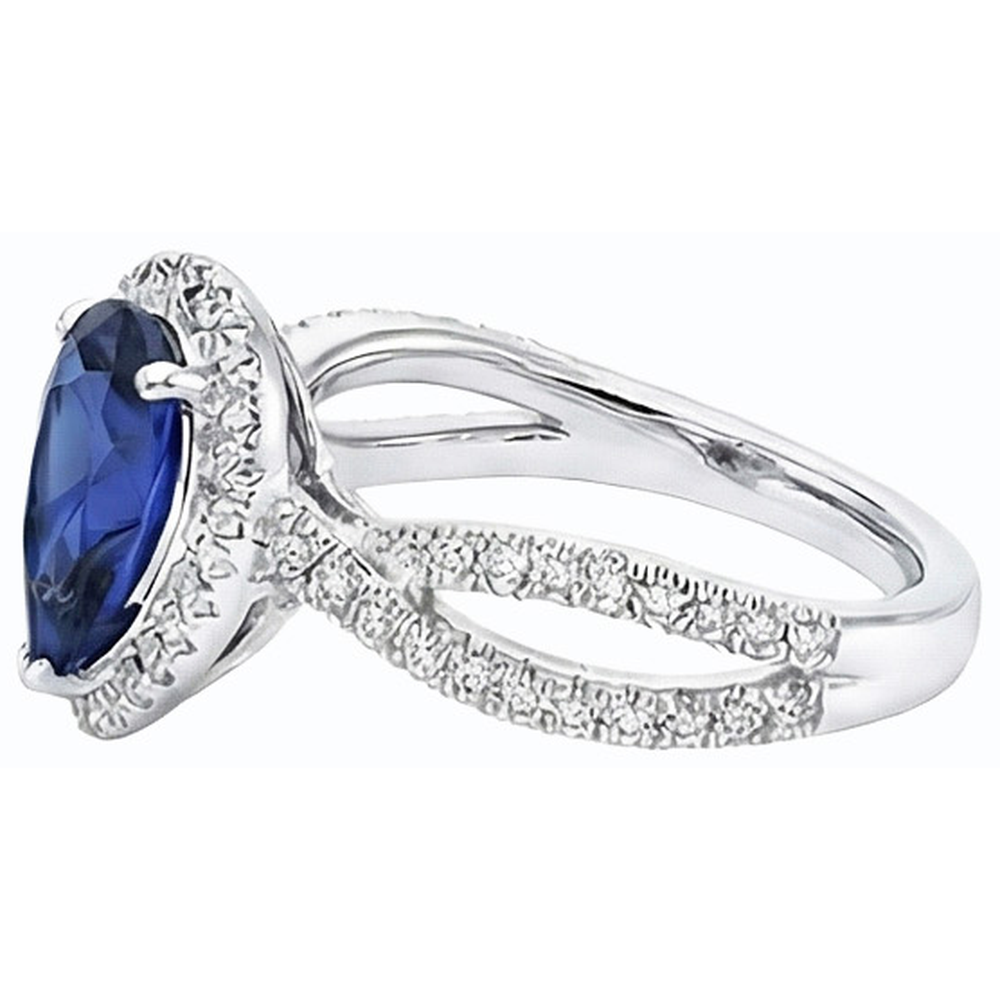 Blue Sapphire Halo Pear Engagement Ring Split Shank 4 Carats Natural Earth Mined Diamonds