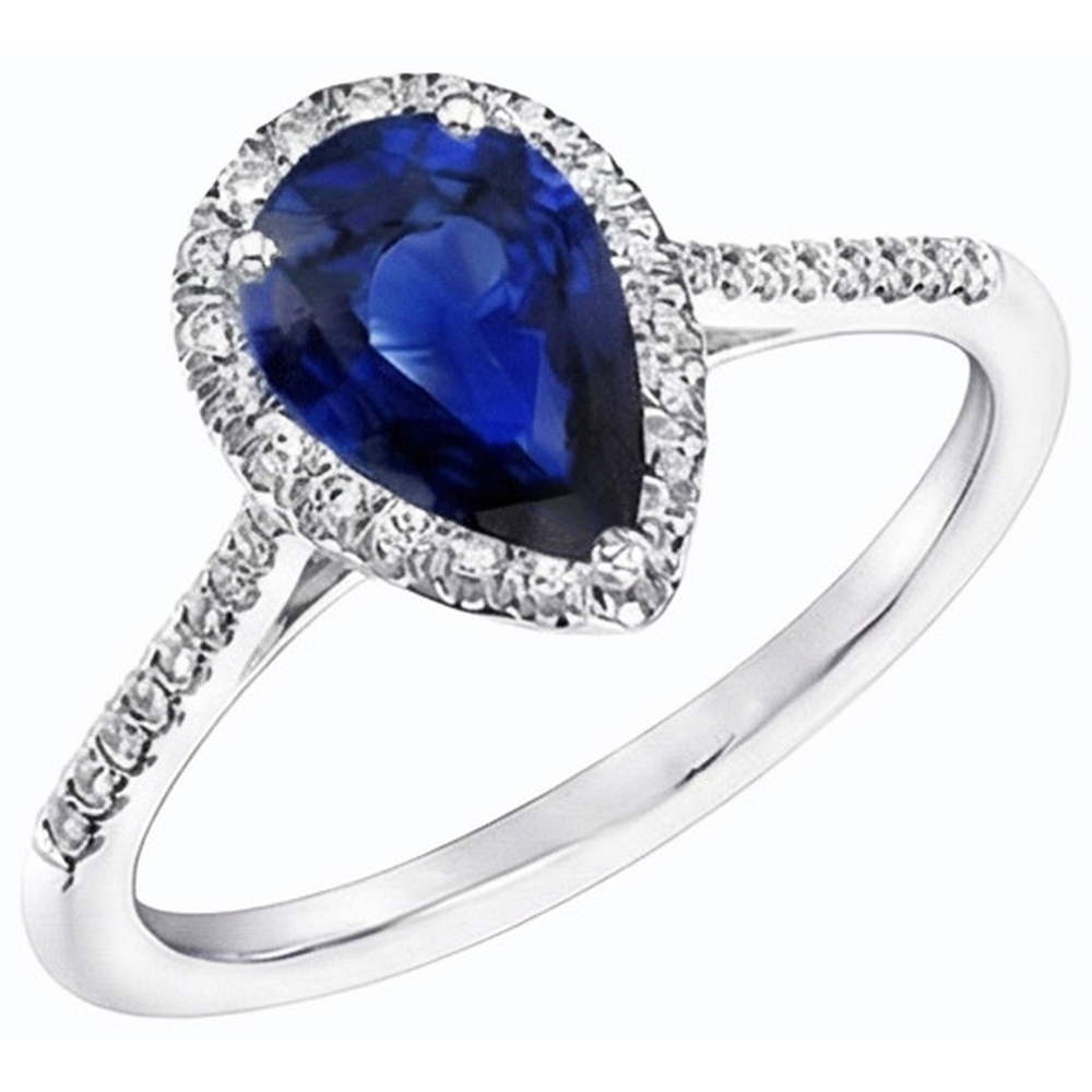 Blue Sapphire Halo Pear Shaped Ring & Natural Earth Mined Diamonds 3.50 Carats
