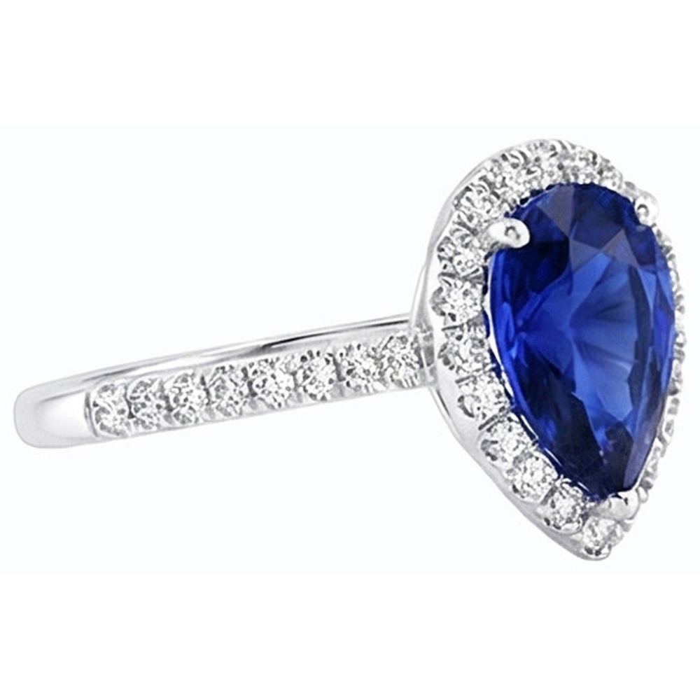 Blue Sapphire Halo Pear Shaped Ring & Natural Earth Mined Diamonds 3.50 Carats