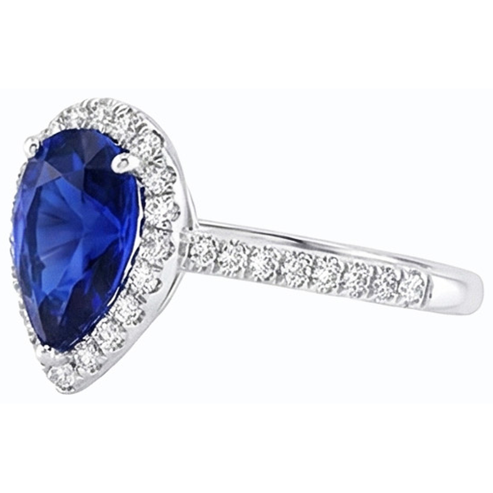 Blue Sapphire Halo Pear Shaped Ring & Natural Earth Mined Diamonds 3.50 Carats