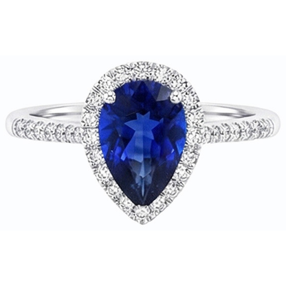Blue Sapphire Halo Pear Shaped Ring & Natural Earth Mined Diamonds 3.50 Carats