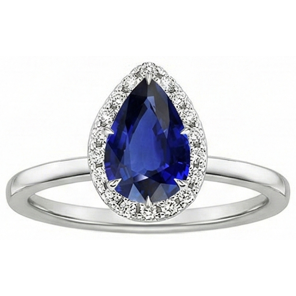 Blue Sapphire Halo Ring Prong Set Pear & Natural Earth Mined Diamonds 4.50 Carats