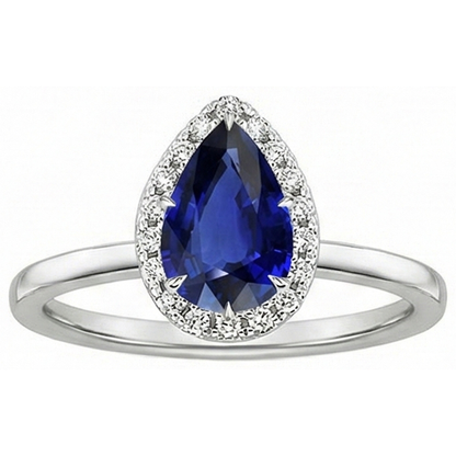 Blue Sapphire Halo Ring Prong Set Pear & Natural Earth Mined Diamonds 4.50 Carats