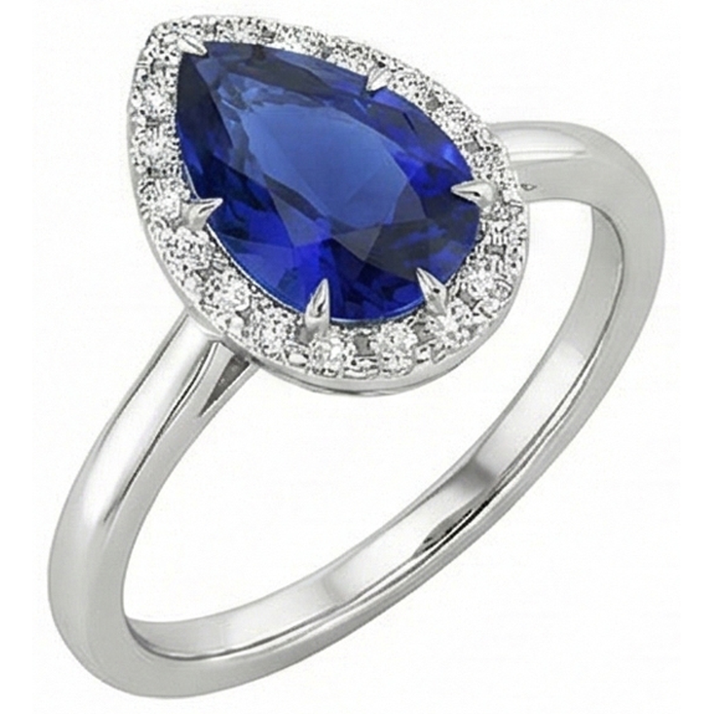 Blue Sapphire Halo Ring Prong Set Pear & Natural Earth Mined Diamonds 4.50 Carats