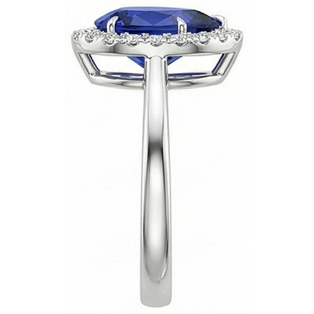 Blue Sapphire Halo Ring Prong Set Pear & Natural Earth Mined Diamonds 4.50 Carats