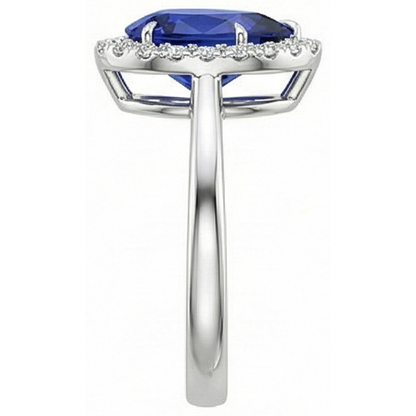 Blue Sapphire Halo Ring Prong Set Pear & Natural Earth Mined Diamonds 4.50 Carats