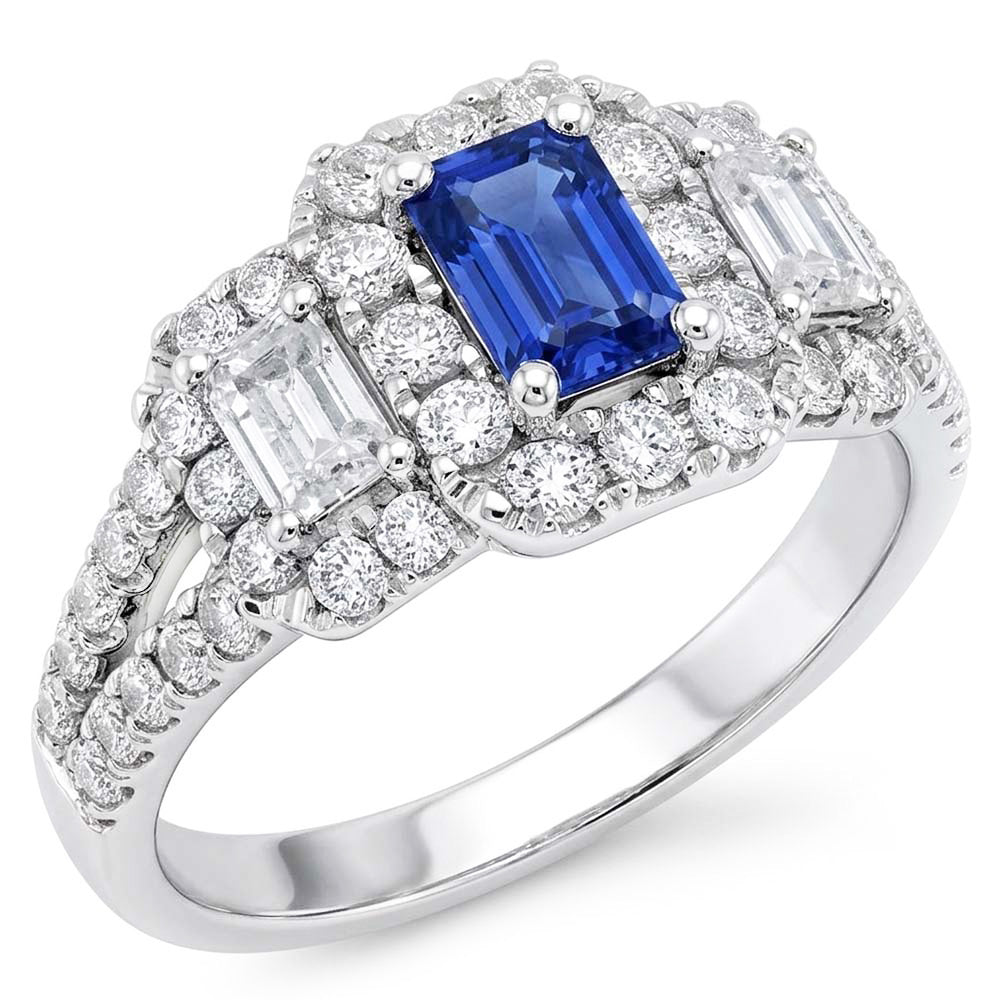Blue Sapphire Halo Ring Radiant Cut Emerald & Round Natural Earth Mined Diamonds 4 Carats