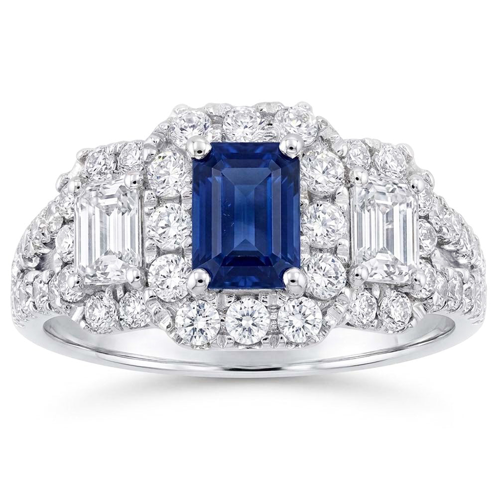 Blue Sapphire Halo Ring Radiant Cut Emerald & Round Natural Earth Mined Diamonds 4 Carats