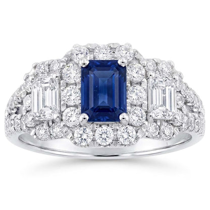 Blue Sapphire Halo Ring Radiant Cut Emerald & Round Natural Earth Mined Diamonds 4 Carats