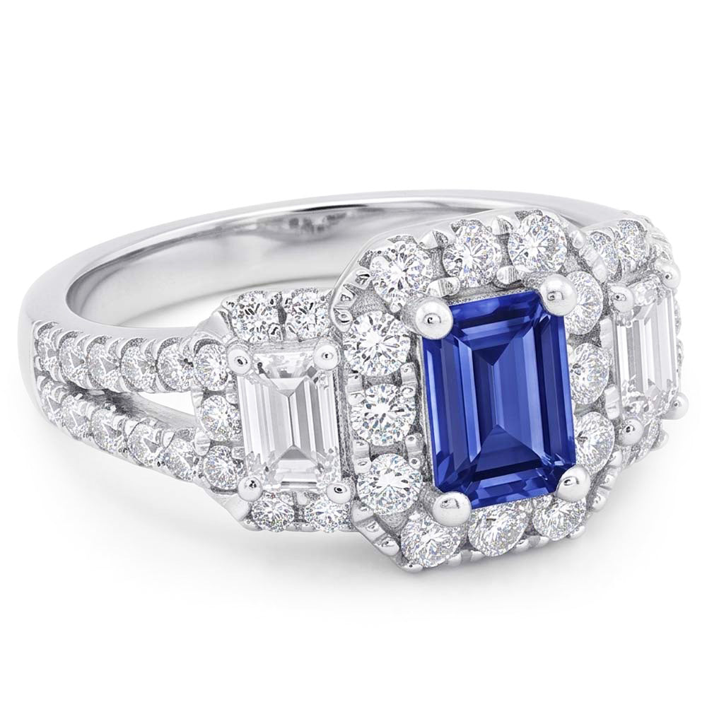 Blue Sapphire Halo Ring Radiant Cut Emerald & Round Natural Earth Mined Diamonds 4 Carats