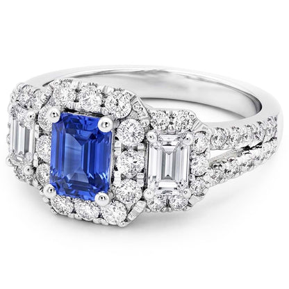 Blue Sapphire Halo Ring Radiant Cut Emerald & Round Natural Earth Mined Diamonds 4 Carats