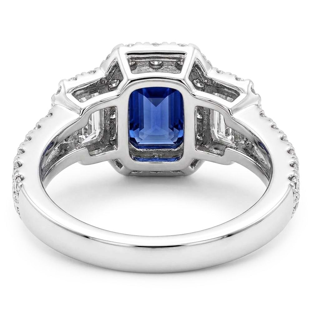 Blue Sapphire Halo Ring Radiant Cut Emerald & Round Natural Earth Mined Diamonds 4 Carats