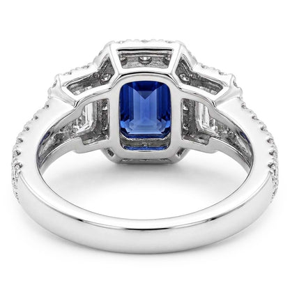 Blue Sapphire Halo Ring Radiant Cut Emerald & Round Natural Earth Mined Diamonds 4 Carats