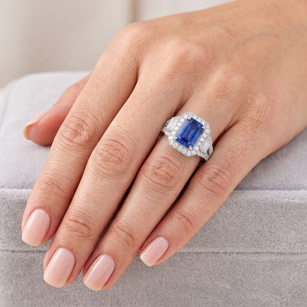 Blue Sapphire Halo Ring Radiant Cut Emerald & Round Natural Earth Mined Diamonds 4 Carats