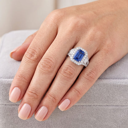 Blue Sapphire Halo Ring Radiant Cut Emerald & Round Natural Earth Mined Diamonds 4 Carats