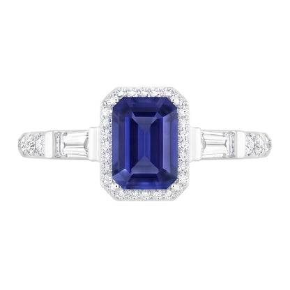 Blue Sapphire Halo Ring With Baguette & Round Natural Earth Mined Diamonds 1.50 Carats
