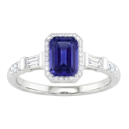 Blue Sapphire Halo Ring With Baguette & Round Natural Earth Mined Diamonds 1.50 Carats