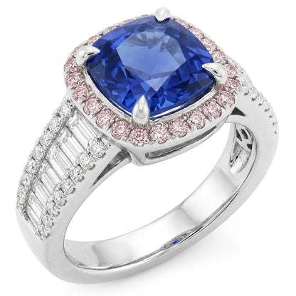 Blue Sapphire Halo Ring With Baguette & Round Natural Earth Mined Diamonds 4.5 Carats