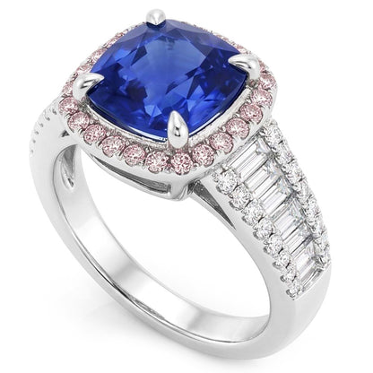 Blue Sapphire Halo Ring With Baguette & Round Natural Earth Mined Diamonds 4.5 Carats