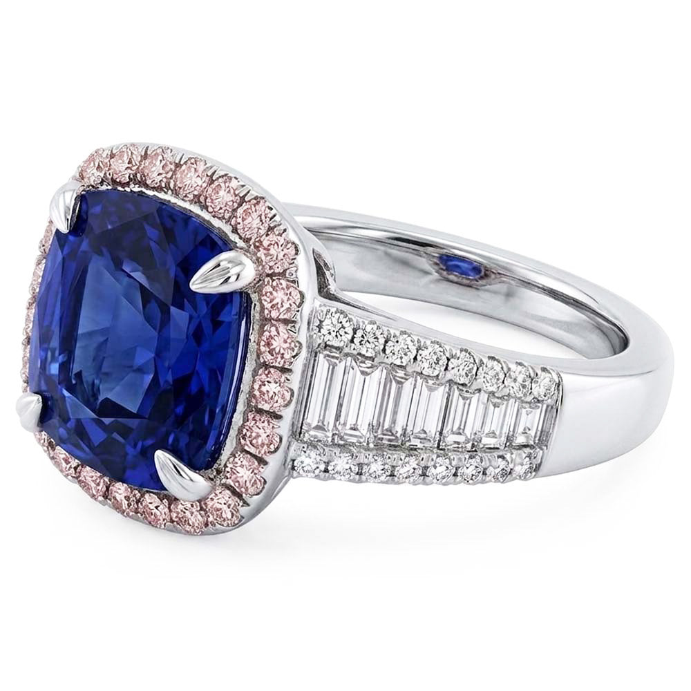 Blue Sapphire Halo Ring With Baguette & Round Natural Earth Mined Diamonds 4.5 Carats