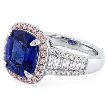 Blue Sapphire Halo Ring With Baguette & Round Natural Earth Mined Diamonds 4.5 Carats