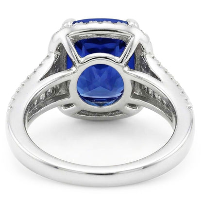 Blue Sapphire Halo Ring With Baguette & Round Natural Earth Mined Diamonds 4.5 Carats