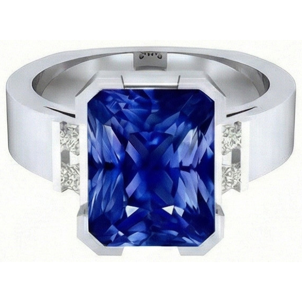 Blue Sapphire Mens Ring 4 Carats Bar Set Gold Princess IGI CERTIFIED Diamonds