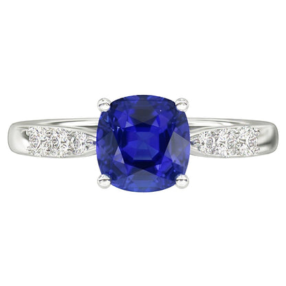 Blue Sapphire Natural Earth Mined Diamond Cushion Engagement Ring 2 Carats White Gold