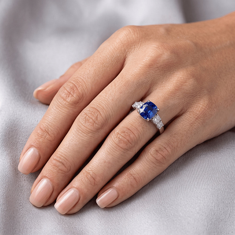 Blue Sapphire Natural Earth Mined Diamond Cushion Engagement Ring 2 Carats White Gold
