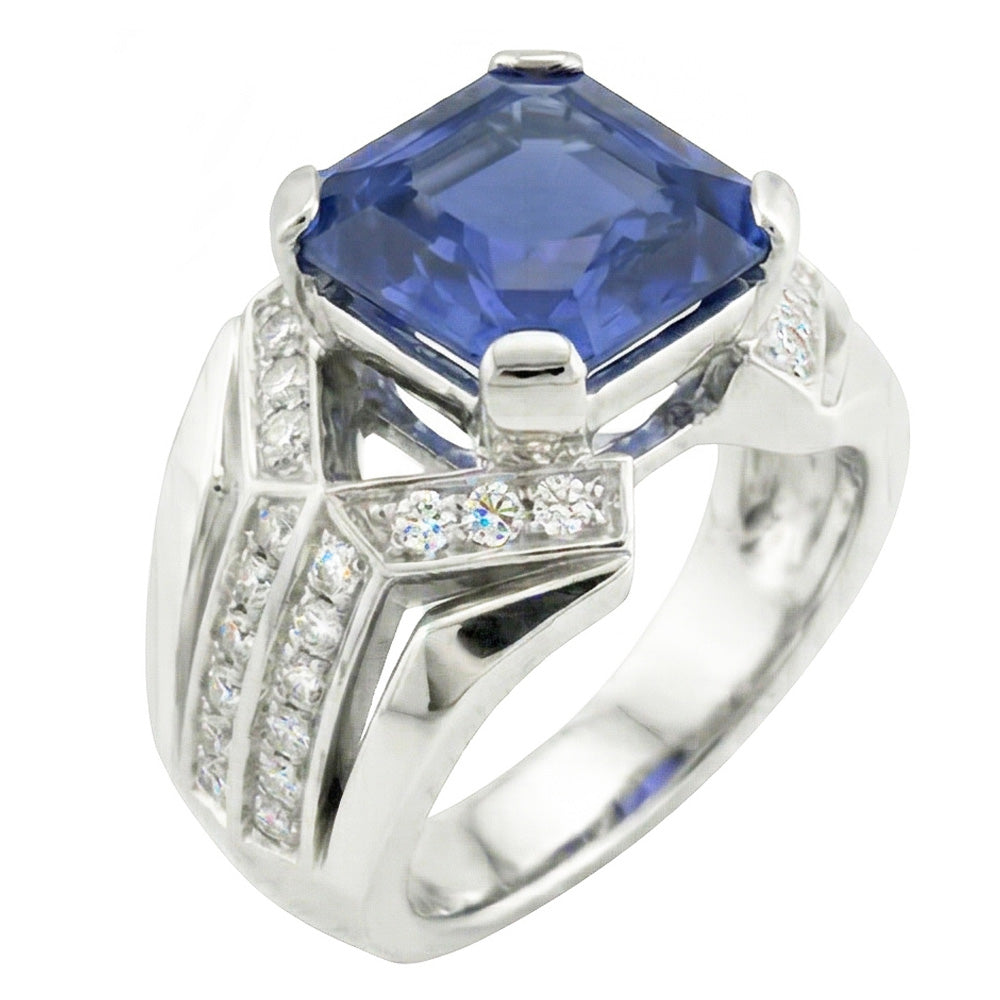 Blue Sapphire Natural Earth Mined Diamond Fancy Ring 4.50 Carats Asscher & Round Cut Gold