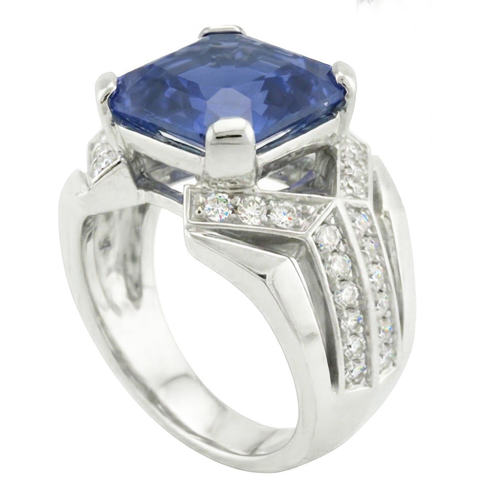 Blue Sapphire Natural Earth Mined Diamond Fancy Ring 4.50 Carats Asscher & Round Cut Gold